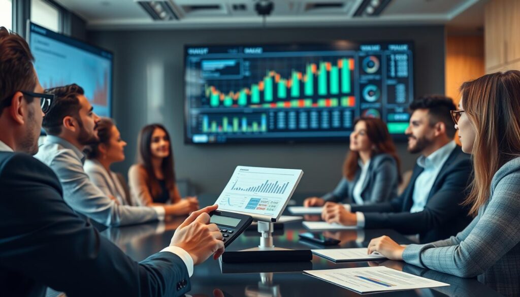 Dirigeant d'entreprise utilisant le calculateur gratuit de valorisation d'entreprise lors d'une réunion stratégique